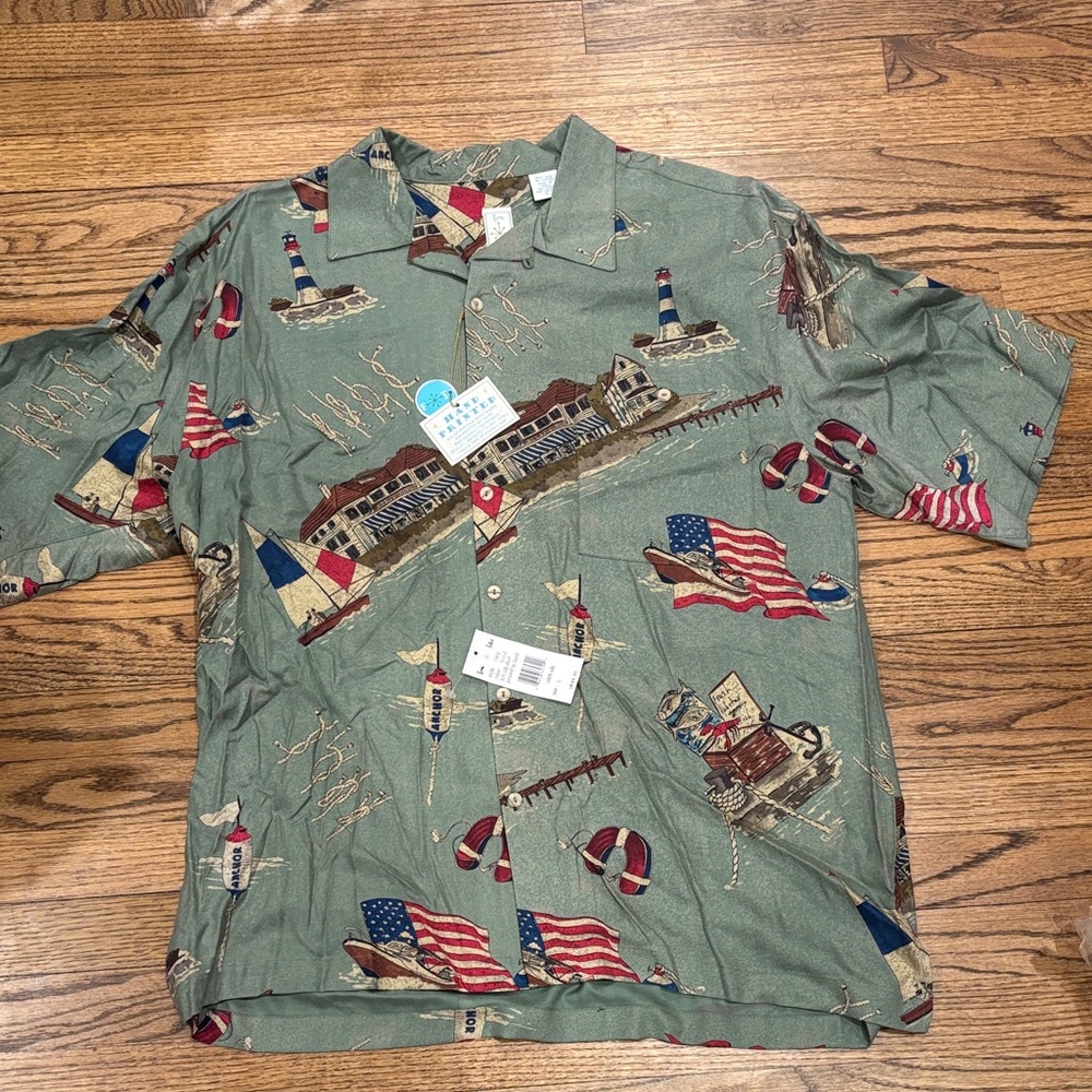 NWT Silk Hand Painted Green Nautical-Print Short-Sleeve Button-Down Shirt Large